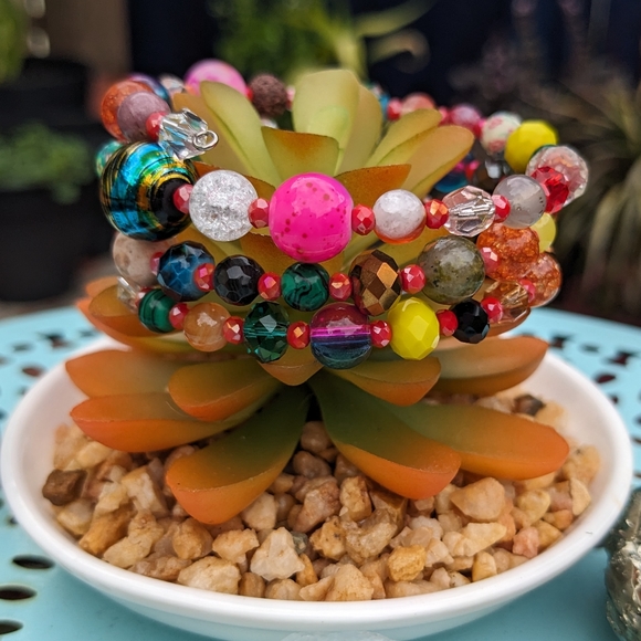 Jasper Agate Crystals Beaded Bracelet Handmade Festival Colorful Rainbow Quartz - Picture 8 of 13